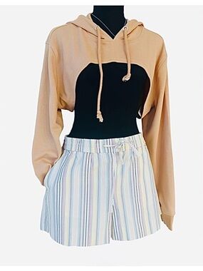 LOFT ~ Striped High-Waist Drawstring Shorts White with Pastel Stripes